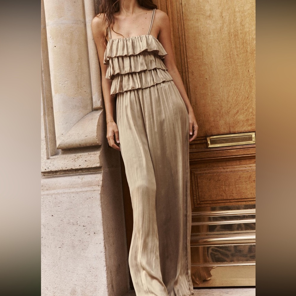Zara Pleated Ruffled Satin Effect Jumpsuit